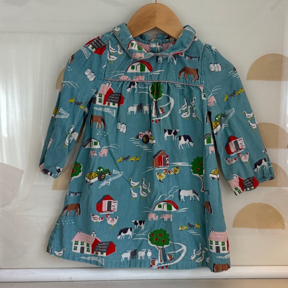 Baby Boden Teal Farm Print Long-Sleeve Dress